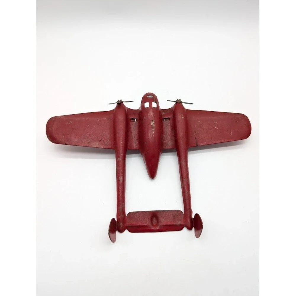 Vintage 30s Wyandotte Crusader P-38 Fighter Plane Pressed Steel Toy Military Red